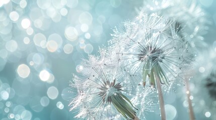 Fototapeta premium dandelion seeds with dew, illuminated by the first rays of the sun on a light blue background generative ai