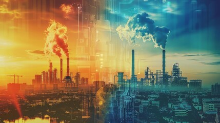A split-screen image representing the contrasting effects of industrialization on the environment: a fiery orange side and a cool blue side.