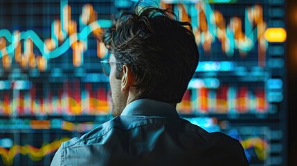 Fototapeta premium Businessman Analyzing Financial Data on a Large Screen