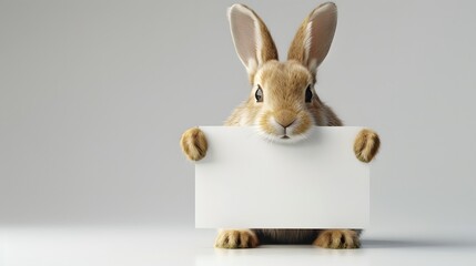 Rabbit Holding a Blank Sign: A playful rabbit sitting up, holding a blank sign with its front paws. realistically
