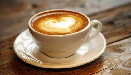 A steaming cup of latte with heart-shaped latte art on a rustic wooden table.
