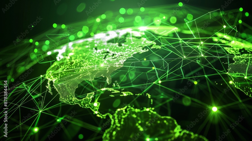 Poster a stylized image of the earth with glowing green lines representing global interconnectedness.