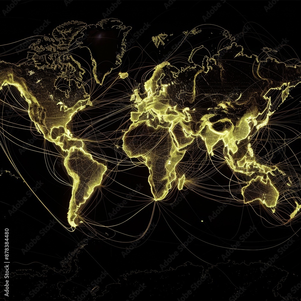 Poster a stylized world map with glowing lines connecting continents, representing global connection and co