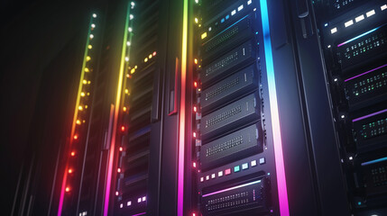 Obraz premium Illuminated Future: Vibrant Hues of a Technological Server in a Sleek Black Environment