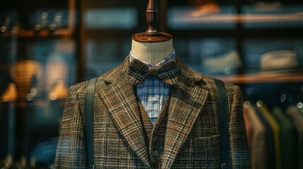 Fototapeta premium A tailored plaid suit jacket with bowtie on a mannequin in a retail store.