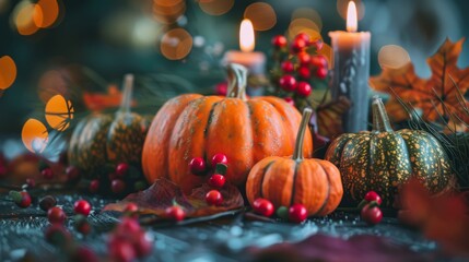A cozy autumn scene featuring pumpkins, candles, berries, and fall leaves, creating a festive and warm atmosphere.