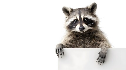 Obraz premium Raccoon with a Blank Sign: A curious raccoon standing on its hind legs, holding a blank sign with its front paws. realistically 