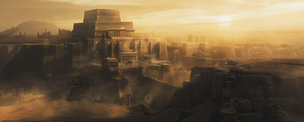 Fototapeta premium Ancient city view with distant mountain and setting sun