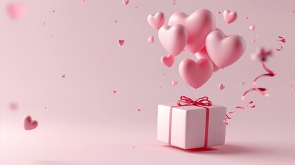 A gift box floating in the air with pink heart-shaped balloons.