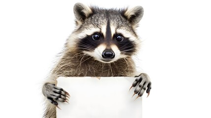 Obraz premium Raccoon with a Blank Sign: A curious raccoon standing on its hind legs, holding a blank sign with its front paws. realistically 