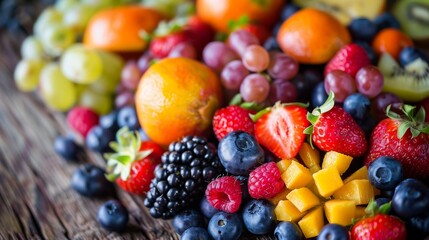 Obraz premium A vibrant assortment of fresh fruits, including berries, grapes, and citrus, arranged on a rustic wooden surface.