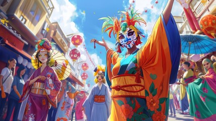 Obraz premium Dead Celebrate Festival Walk on street, anime