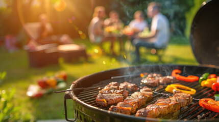 Barbecue grill with meat and vegetables on a table in a garden during a picnic party