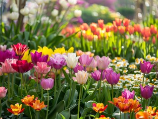 Obraz premium A vibrant field of colorful tulips in full bloom, bathed in warm sunlight.