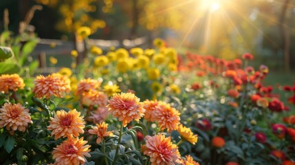 Obraz premium A vibrant field of yellow and orange flowers bathed in warm sunlight. The sun rays create a beautiful glow. A perfect image for autumn or nature themes.