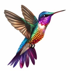 Obraz premium A vibrant hummingbird with iridescent feathers in flight, isolated on white.