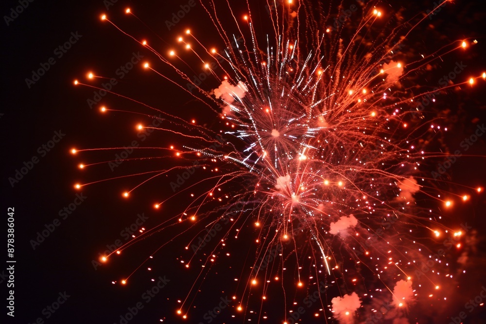 Poster a vibrant red and orange firework display explodes against a dark night sky. the sparks create a daz