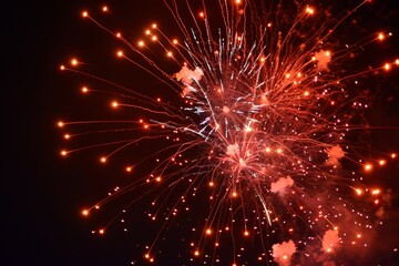A vibrant red and orange firework display explodes against a dark night sky.  The sparks create a dazzling, starburst pattern.