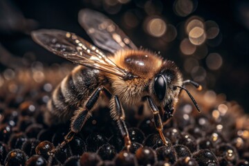 A bee sitting on a honeycomb close-up. Macro photography.