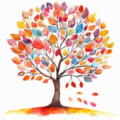 Fototapeta premium A vibrant watercolor illustration of a tree with colorful leaves, depicting the beauty of autumn.