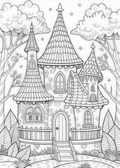 Coloring book for adult and older children. Coloring page with fairy house in the garden.