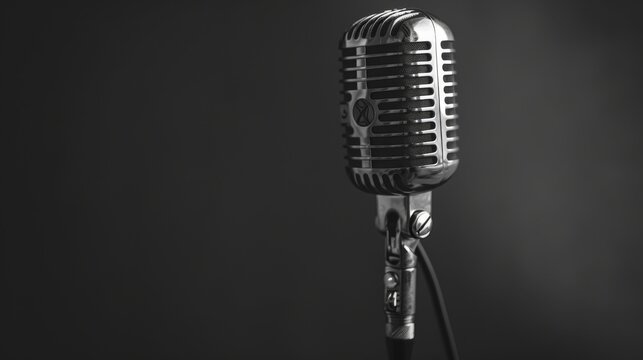 A vintage microphone on a dark background. The microphone is the only element in the image.