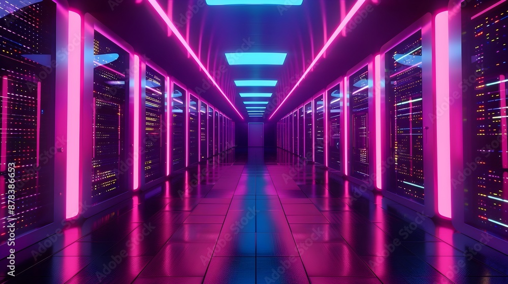 Poster futuristic quantum data center with neon-lit servers,advanced computational facility