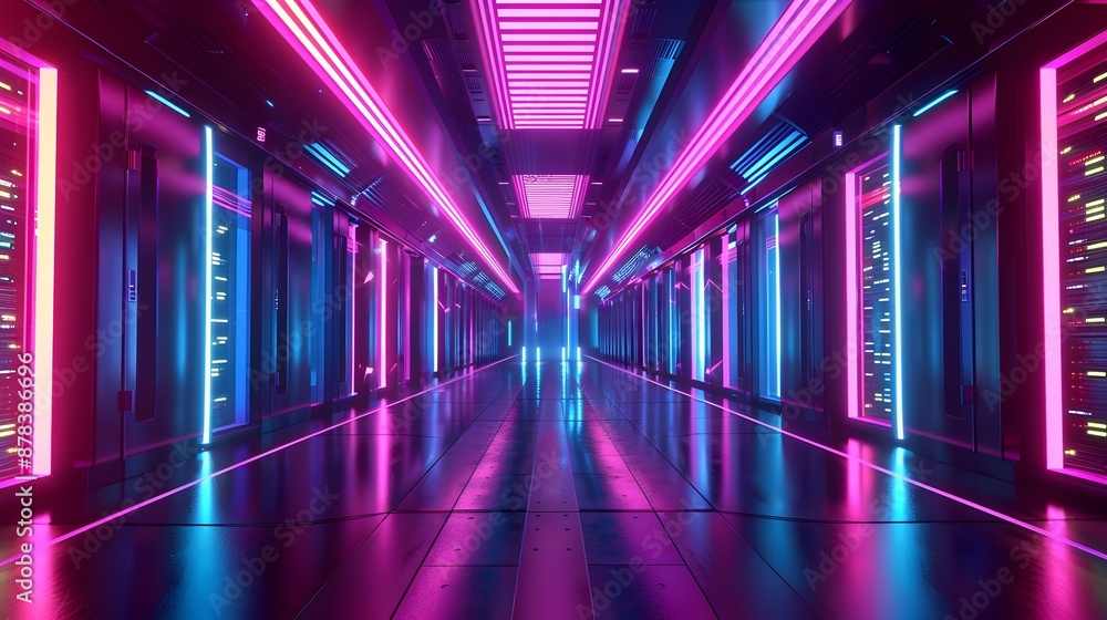 Aufkleber futuristic quantum data center with neon-lit servers and advanced computational facility
