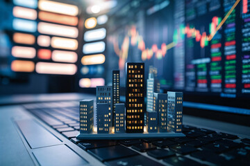 Miniature cityscape on a laptop keyboard with stock market graphs in the background, symbolizing digital finance, urban development, and technology integration.
