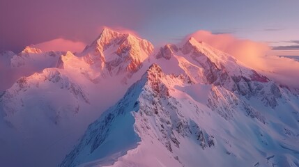 alpenglow painting snow-capped mountain peaks in hues of pink and orange at sunrise
