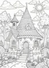 Naklejka premium Coloring book for adult and older children. Coloring page with fairy house in the garden.