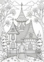 Naklejka premium Coloring book for adult and older children. Coloring page with fairy house in the garden.