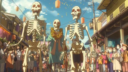 Naklejka premium A group of skeletons are walking down a street 