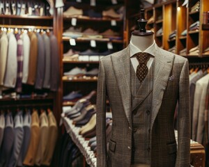 Naklejka premium A well-dressed mannequin in a tailored suit stands in a clothing store, showcasing a wide selection of men's suits and accessories.