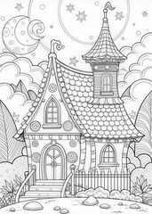 Naklejka premium Coloring book for adult and older children. Coloring page with fairy house in the garden.