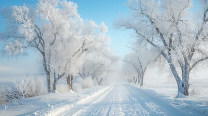 Fototapeta premium blizzard, where trees are coated in shimmering ice crystals and the air is still with cold.
