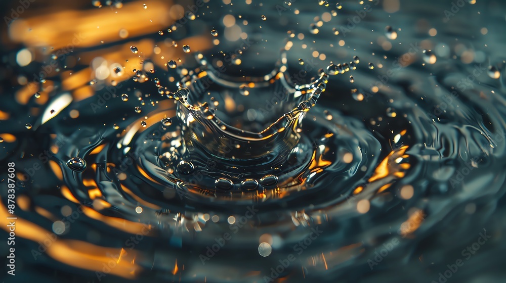 Poster close-up image capturing the mesmerizing ripple effect and splash of a water droplet, with golden re