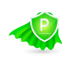 Phosphorus minerals in shield knight green cloak. Vitamins essential protect build immunity healthy. For ads dietary supplements medical and pharmacy. Vector EPS10 illustration.