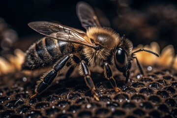 A bee sitting on a honeycomb close-up. Macro photography.