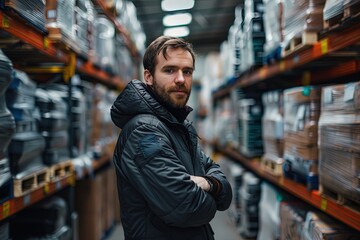 Obraz premium A man stands in a warehouse with a large selection of boxes