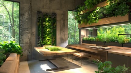 Fototapeta premium A modern dining room with a biophilic design