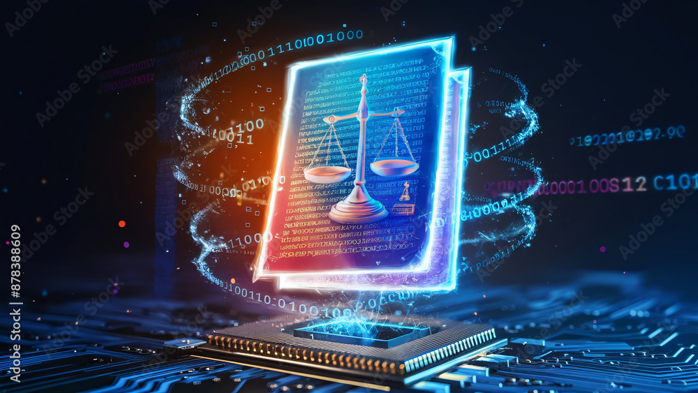 Poster holographic digital justice scale on a microchip, surrounded by binary code, symbolizing cyber law, 