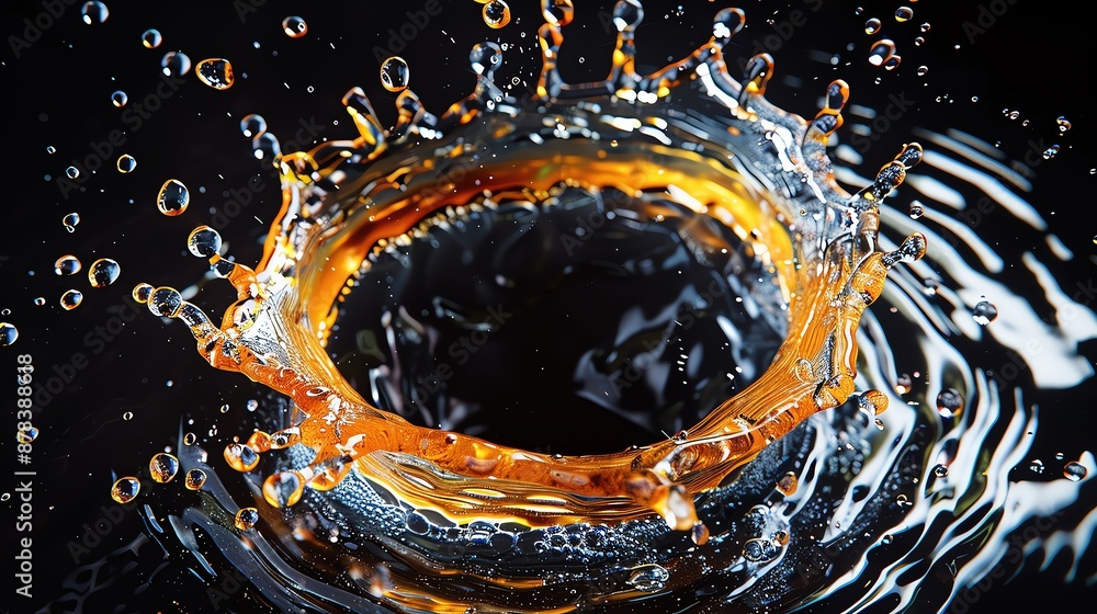 Aufkleber close-up of a liquid splash creating a circular ripple effect on a dark surface. ideal for artistic,