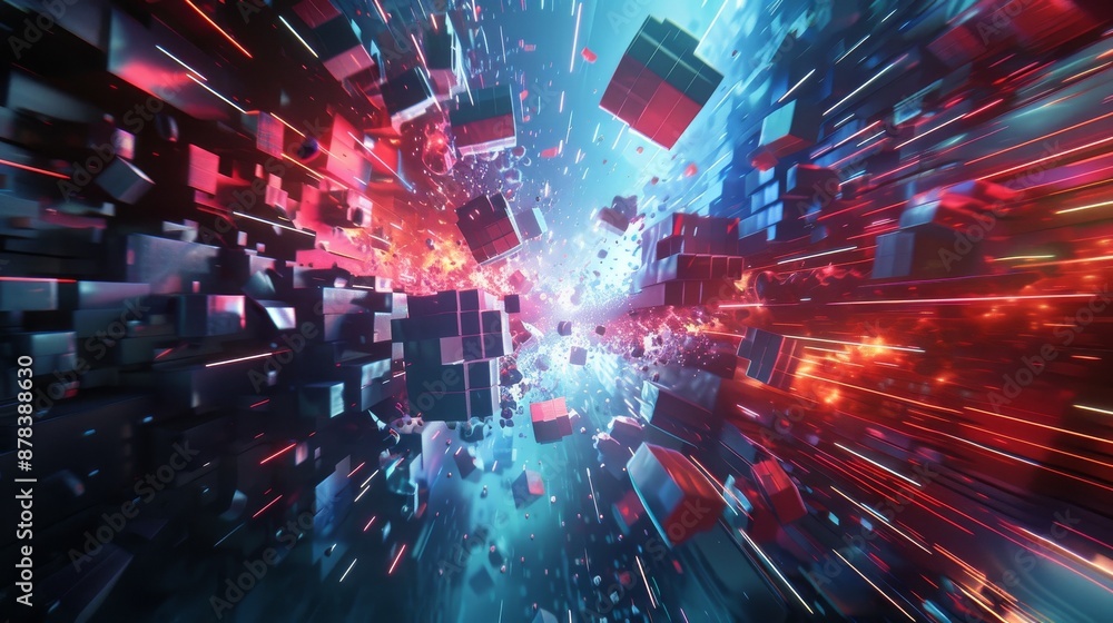 Poster abstract 3d digital art with glowing neon cubes and light streaks in a blue and red color scheme.