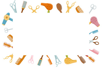 Hairdressing tools square frame. Retro hair dryers, hairbrushes, scissors. Cartoon hand drawn vector  illustration. White background. Place for text. Cute print design for beauty salon.