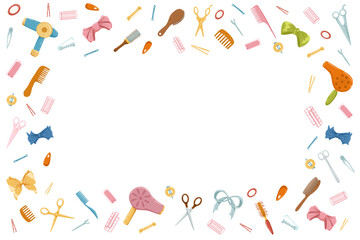 Hairdressing tools square frame. Retro hair dryers, hairbrushes, scissors. Cartoon hand drawn vector  illustration. White background. Place for text.  Cute print design for beauty salon.
