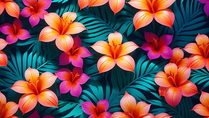 Obraz premium Tropical Flower Pattern Background with Pink and Orange Lilies and Green Palm Leaves. Abstract Floral Design Concept for Summer Vacation, Spa, and Wellness.