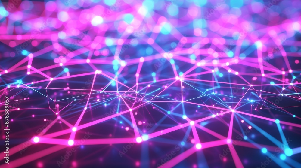 Poster abstract background with glowing pink and blue lines and dots, representing connection and network.