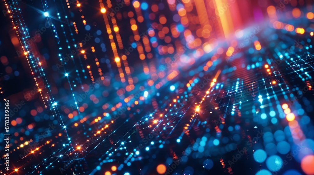 Aufkleber abstract background with glowing lines and particles in blue, orange and red.