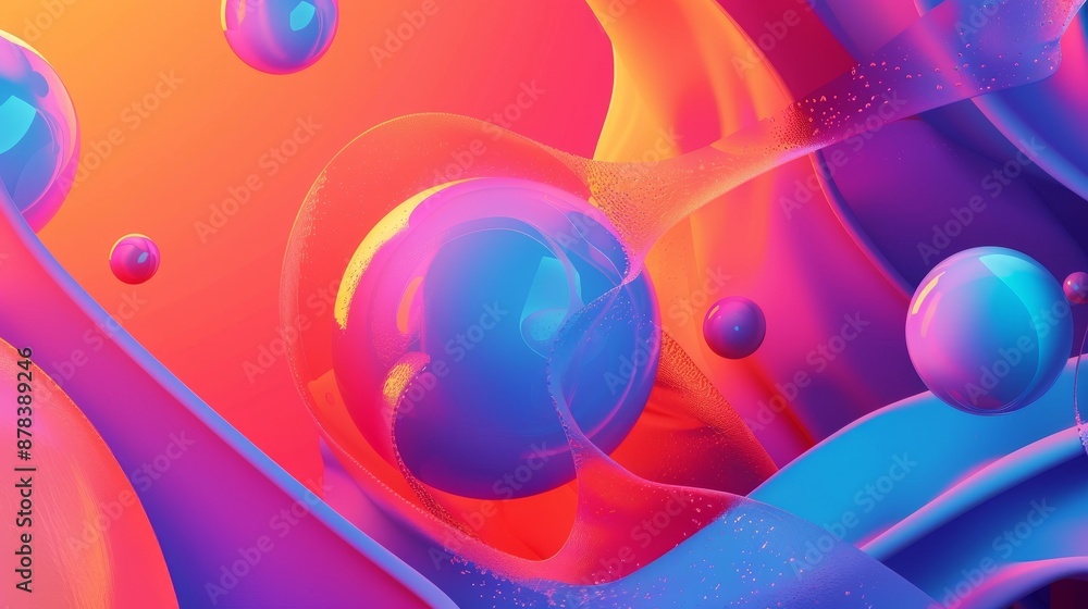 Poster abstract background with vibrant colors and swirling shapes, featuring glowing orbs in a dynamic com